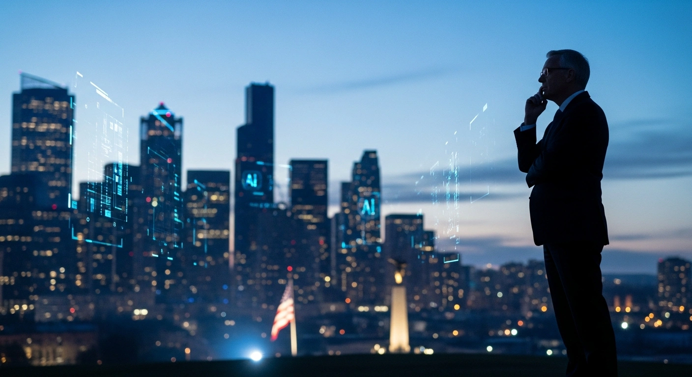A distinguished European leader, representing Luxembourg's Prime Minister Luc Frieden, stands silhouetted against a futuristic cityscape, symbolizing his visit to Seattle and San Francisco to forge AI and digital technology partnerships, with a subtle visual element hinting at a tribute to a US Army veteran.