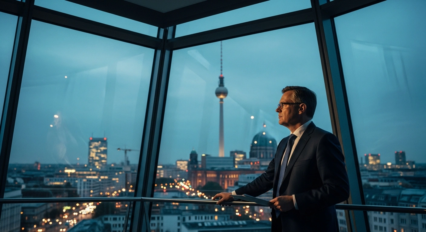 German Chancellor Friedrich Merz stands in a modern office overlooking Berlin as he prepares to implement new tax and social security reforms.
