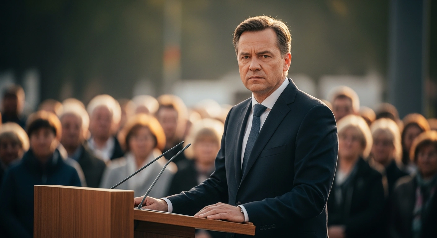 German Chancellor Friedrich Merz stands at a podium during a political rally while addressing the public about Germany's foreign policy stance on the Middle East conflict.