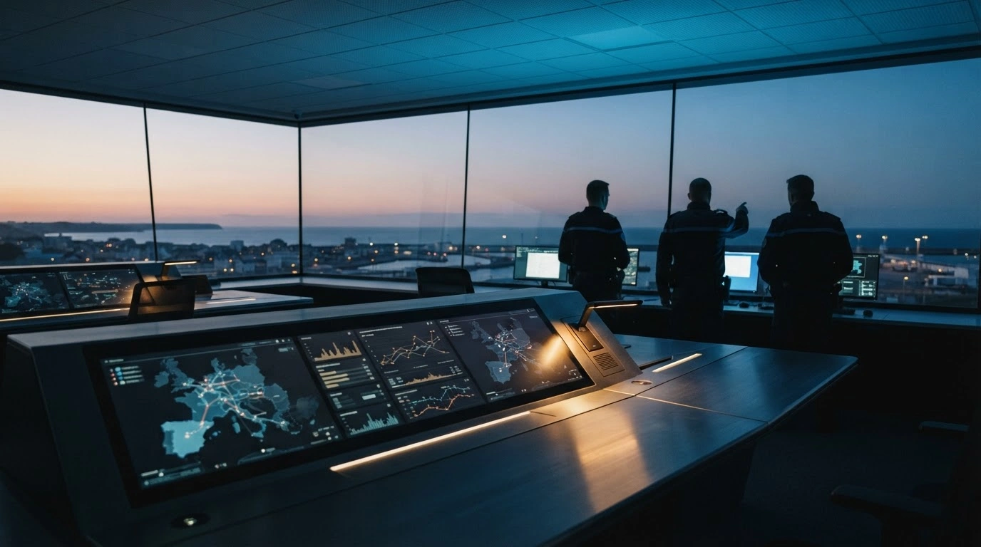 A modern European border control command center represents the European Commission's efforts to reform Frontex and streamline migrant return processes.