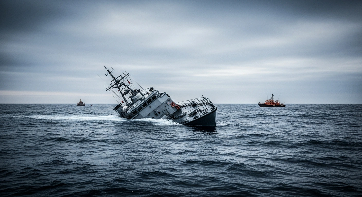 A capsized Frontex patrol vessel floats in the Aegean Sea near Megisti as emergency responders arrive to assist the injured, including the Estonian Ambassador to Greece.