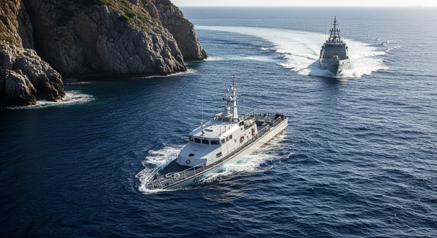 A capsized Frontex patrol vessel is surrounded by rescue boats off the coast of the Greek island of Megisti following a maritime accident involving the Estonian Ambassador.