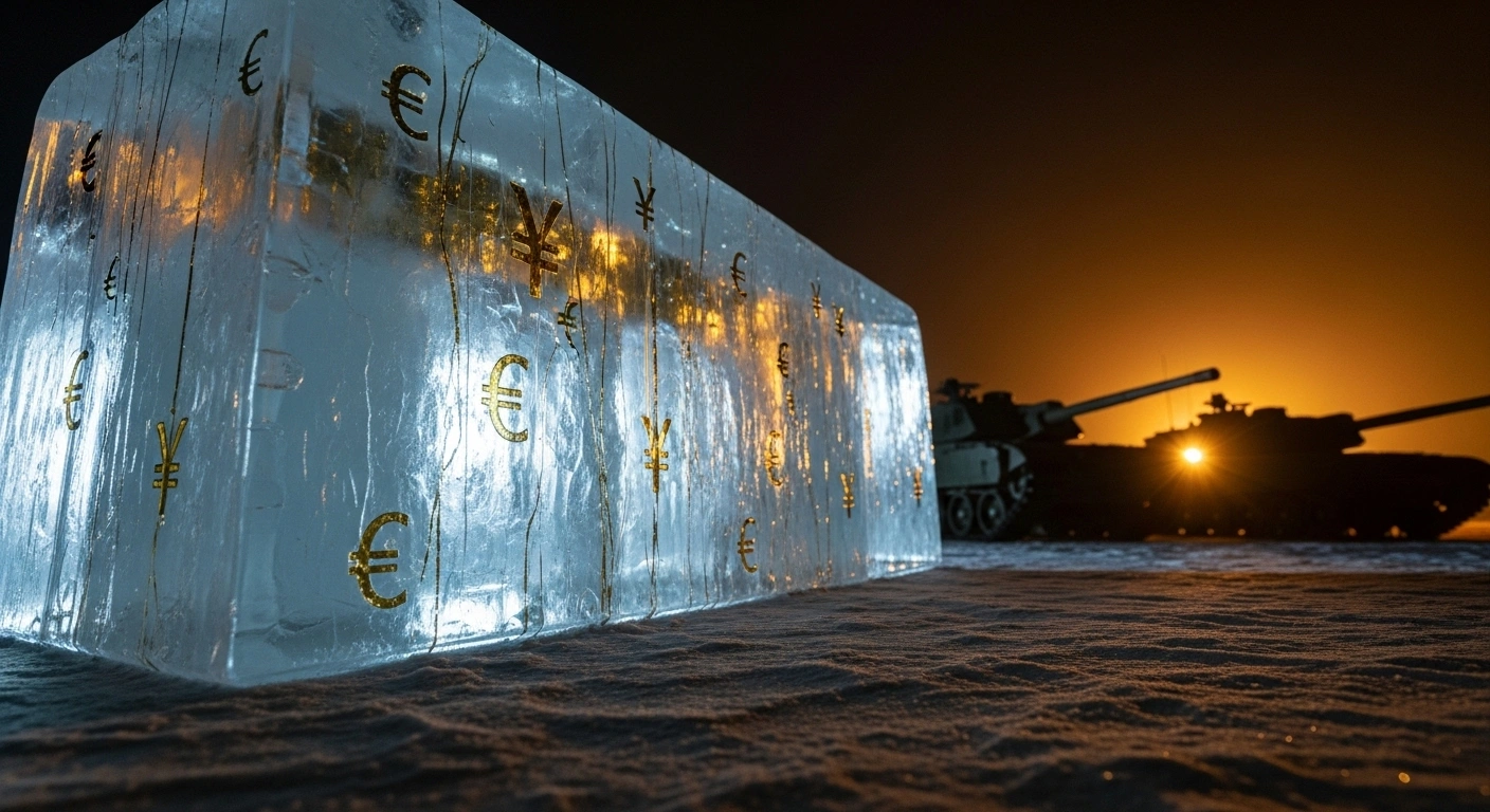 A massive, translucent block of ice, subtly veined with gold and currency symbols, stands in the foreground, with the silhouettes of modern military equipment, such as a tank or artillery piece, visible behind it, bathed in a warm light, symbolizing the use of frozen Russian assets by Germany, the UK, and France to bolster Ukraine's Armed Forces.