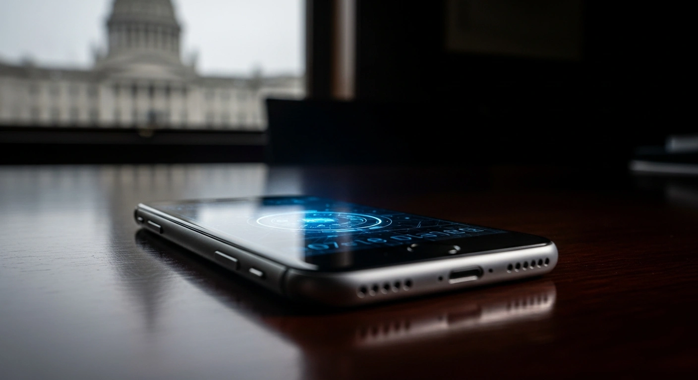 A smartphone sits on a dark desk representing a sophisticated espionage operation targeting iPhones used by officials in Russia.