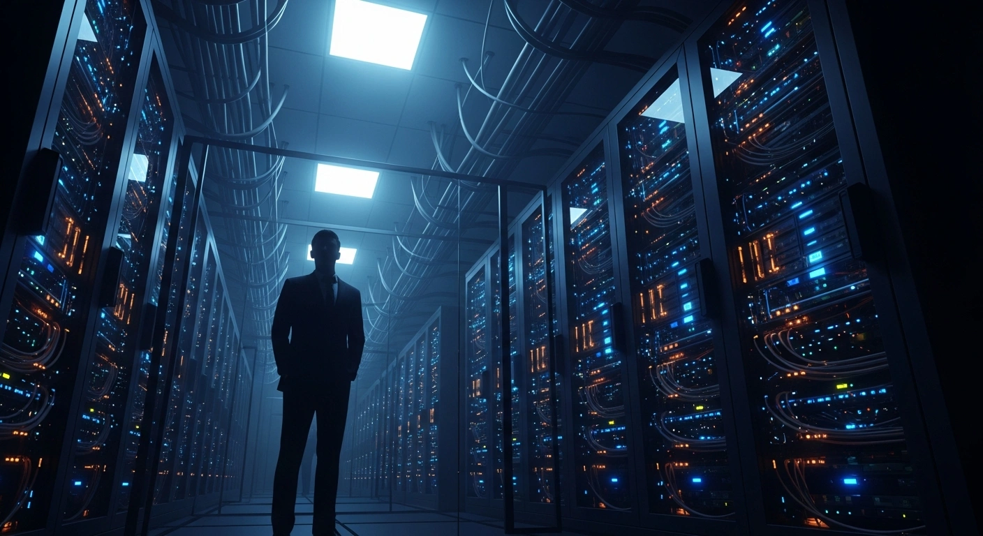 A dark, high-tech server room represents the Russian Federal Security Service gaining expanded access to private organizational databases.