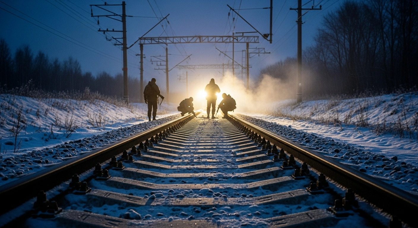 Russian FSB agents in tactical gear are shown examining a snow-dusted railway track under harsh artificial light in the Sverdlovsk region, following the detention of individuals accused of planning a terrorist attack on a railway transport facility.