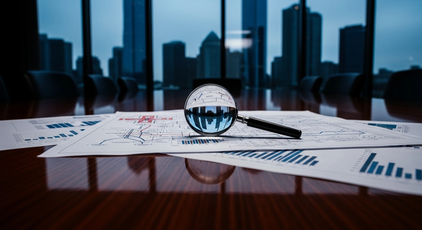 A magnifying glass sits on top of medical documents and financial charts in a boardroom to represent the FTC Healthcare Task Force's oversight of the United States healthcare sector.