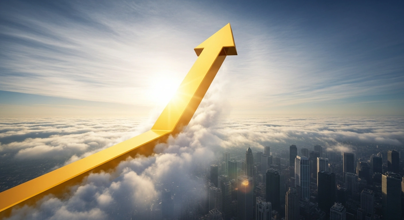 A stylized golden arrow, gleaming in the warm light of a rising sun, is depicted piercing through a cloud layer above a modern city skyline, symbolizing the UK's FTSE 100 index breaking the 10,000-point barrier for the first time in January 2026, following strong economic growth in sectors like mining, defense, and banking.