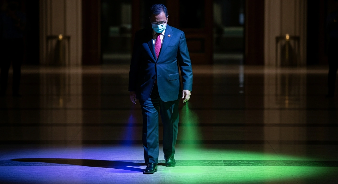 Rivers State Governor Siminalayi Fubara is depicted stepping from a blue-lit area into a green-lit area on a polished floor, symbolizing his defection from the Peoples Democratic Party (PDP) to the All Progressives Congress (APC) amidst a political crisis.