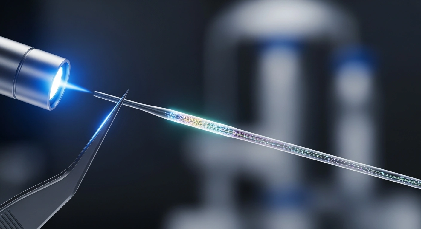 An extreme macro shot captures a glowing, iridescent fiber, thinner than a human hair, revealing intricate high-density circuits within, held by precision tweezers in a softly lit, futuristic laboratory, symbolizing Fudan University's groundbreaking fiber chip for advanced smart textiles and brain-computer interfaces.