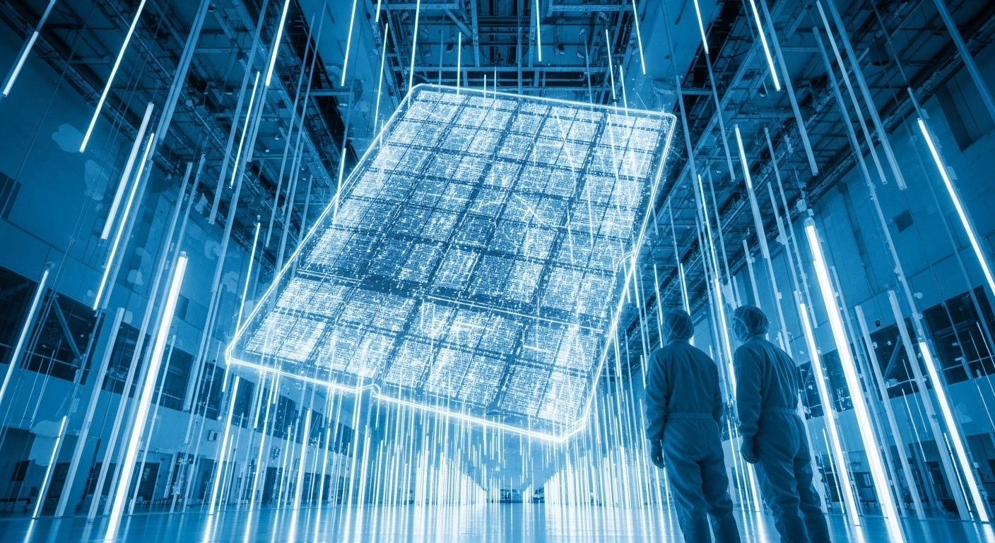 Two figures in cleanroom suits observe a large holographic projection of a 2nm semiconductor wafer within a hyper-modern Japanese cleanroom facility, symbolizing FUJIFILM Corporation's investment in Rapidus Corporation for advanced chip manufacturing.