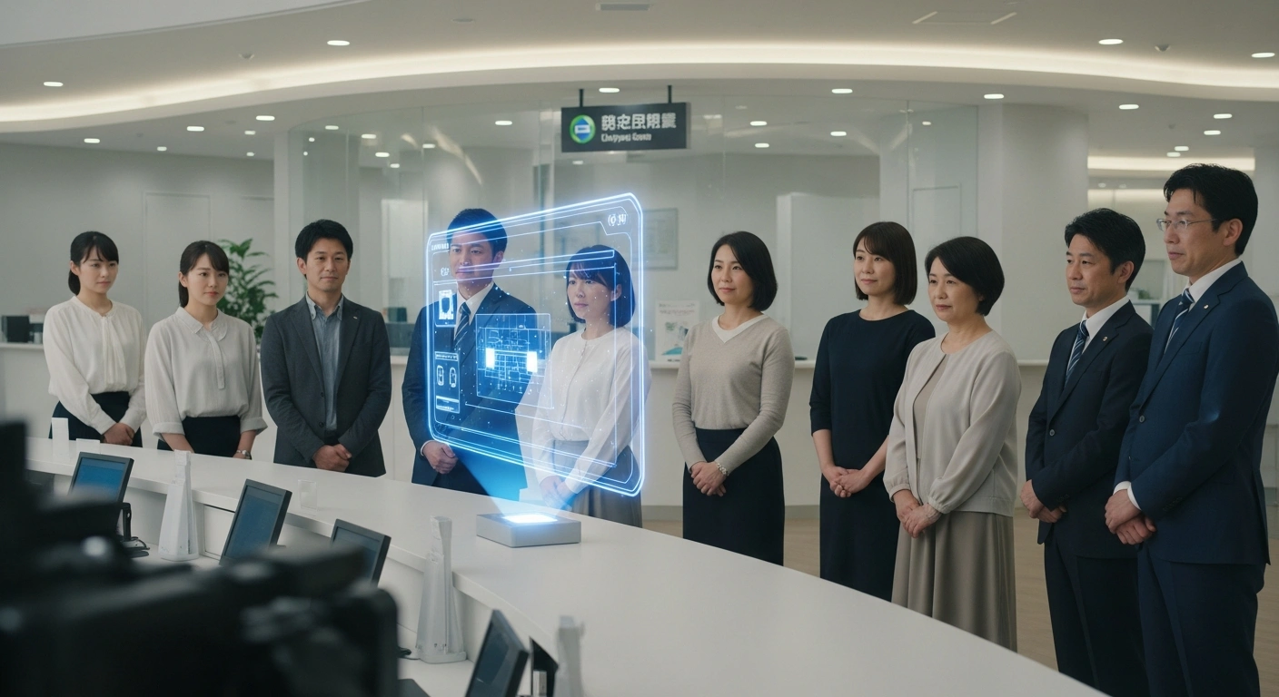 A diverse group of individuals interacts with a glowing, holographic AI interface in a modern Japanese office, symbolizing Fujitsu's advanced generative AI chatbot enhancing user experience for the Japan Pension Service.