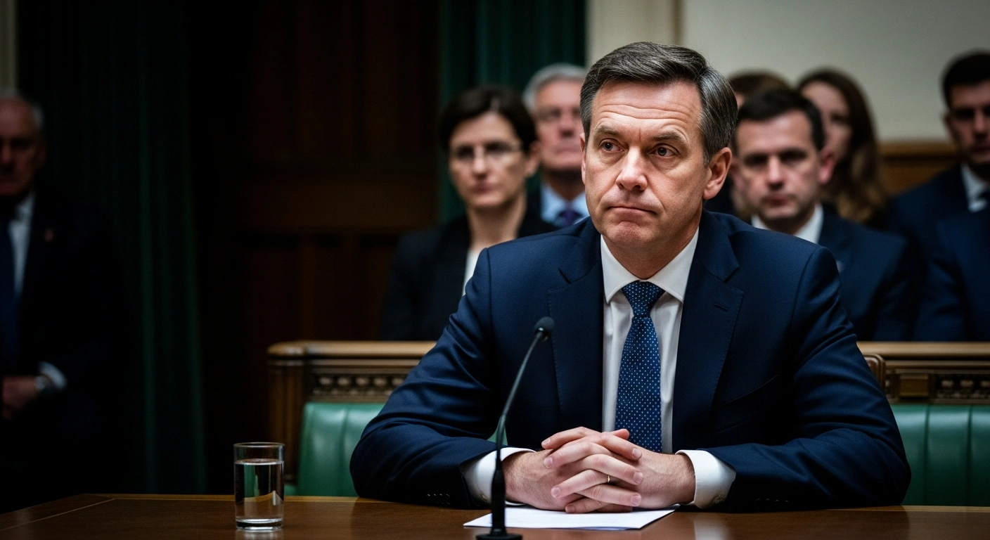 Fujitsu Europe CEO Paul Patterson is depicted under intense scrutiny at a parliamentary hearing, acknowledging a moral obligation for compensation in the Post Office Horizon scandal while defending government contracts.