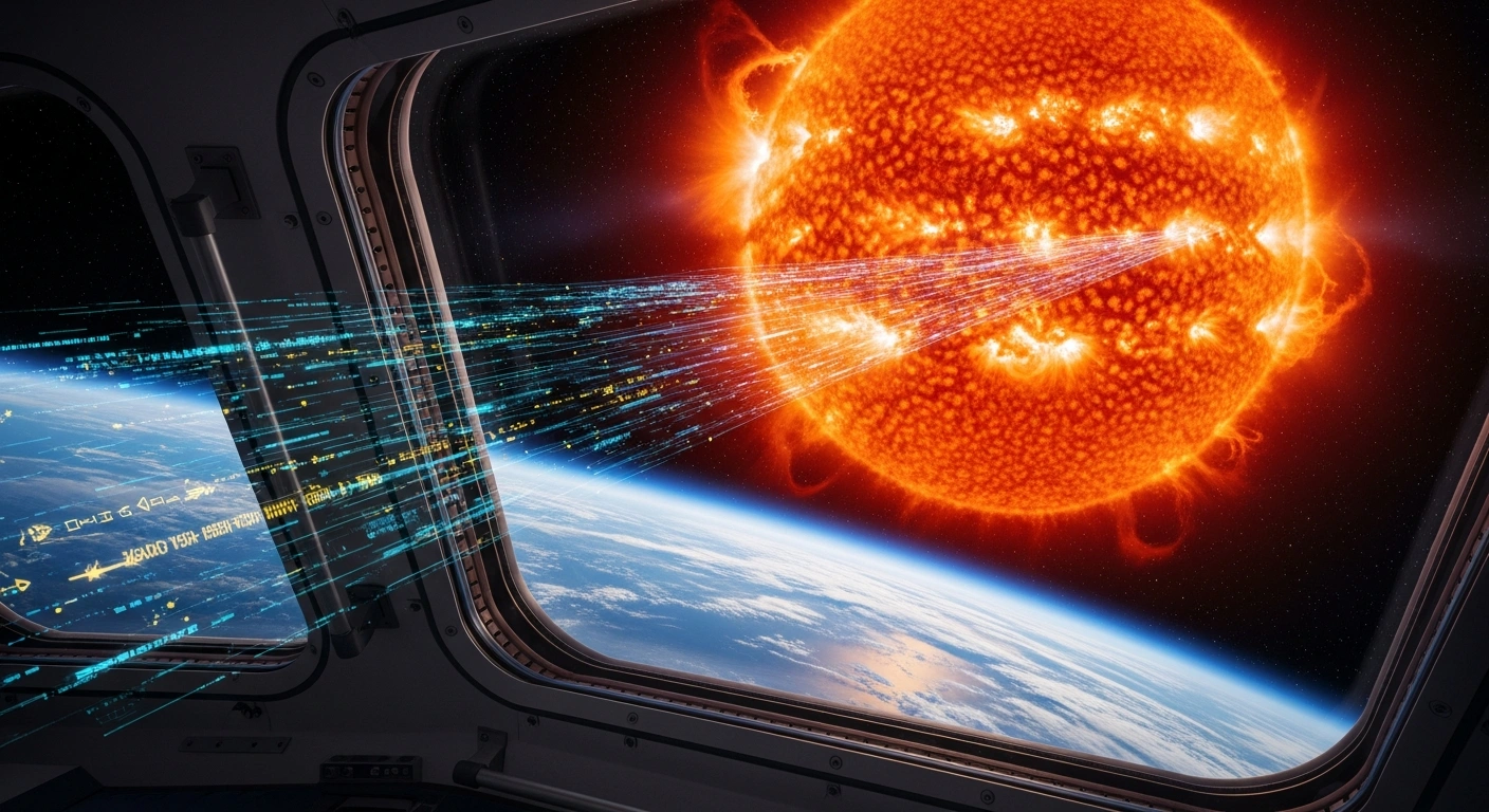 An advanced orbital station, developed by Fujitsu and Tokai National Higher Education and Research System, observes a massive solar flare erupting from the sun, with holographic data streams representing new AI technology predicting solar radiation events to protect space exploration and critical infrastructure from space weather impacts.