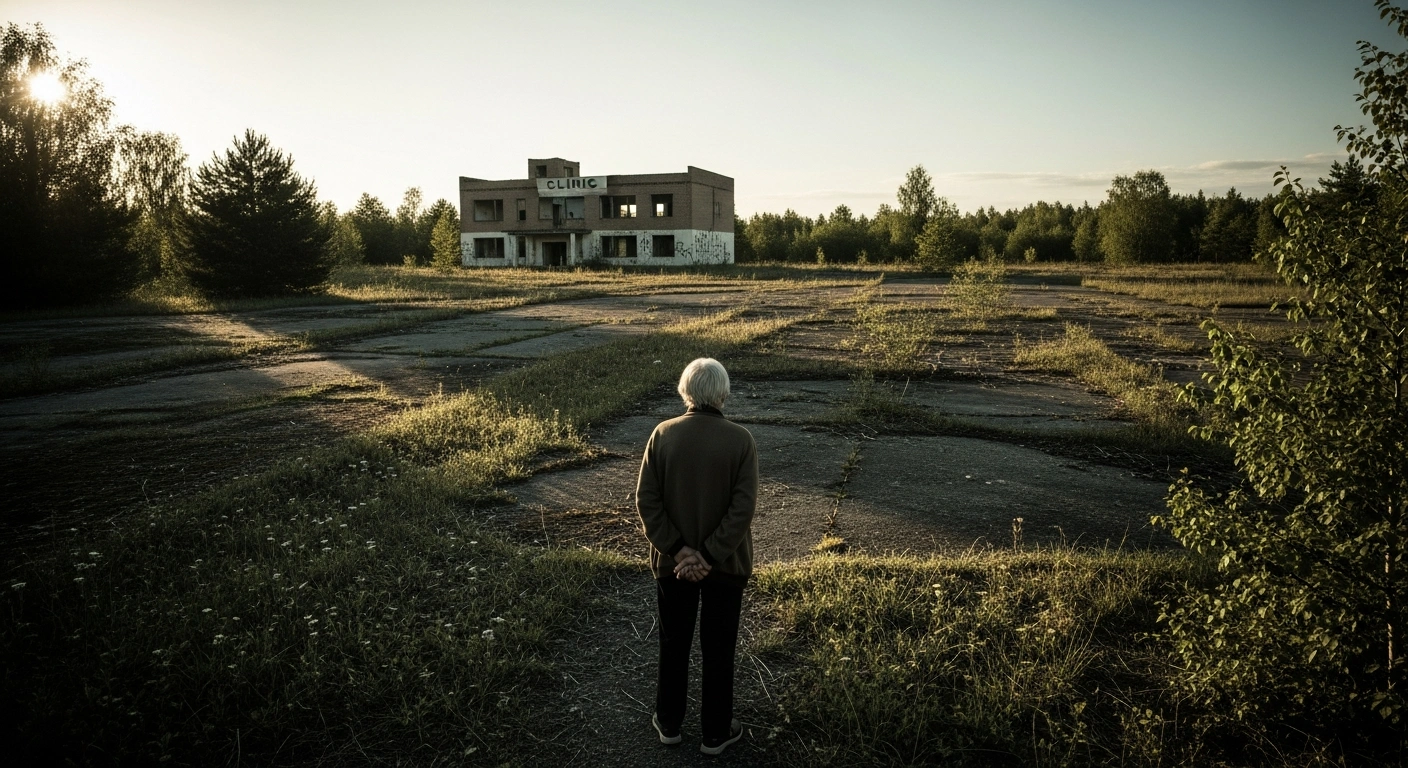 An elderly evacuee stands with their back to the viewer, looking out over a desolate, overgrown landscape featuring the skeletal remains of a building, symbolizing the lack of medical services and infrastructure hindering the return of Fukushima evacuees fifteen years after the nuclear disaster.