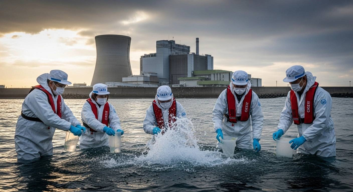 IAEA officials and international experts in protective gear are meticulously sampling seawater from the Pacific Ocean near the Fukushima Daiichi Nuclear Power Station in Japan, verifying the safety of ALPS treated water discharge.