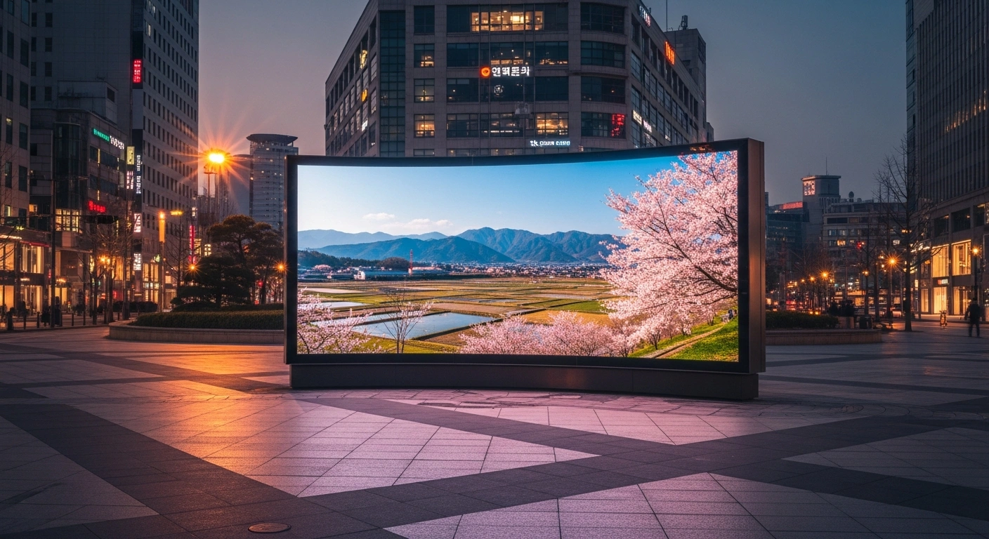 A large digital screen in a South Korean city displays promotional footage of the Fukushima Prefecture to encourage tourism.
