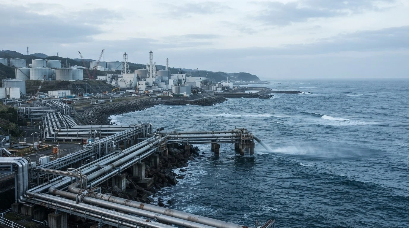 The Fukushima Daiichi nuclear plant discharges treated wastewater into the Pacific Ocean as part of an ongoing decommissioning process.