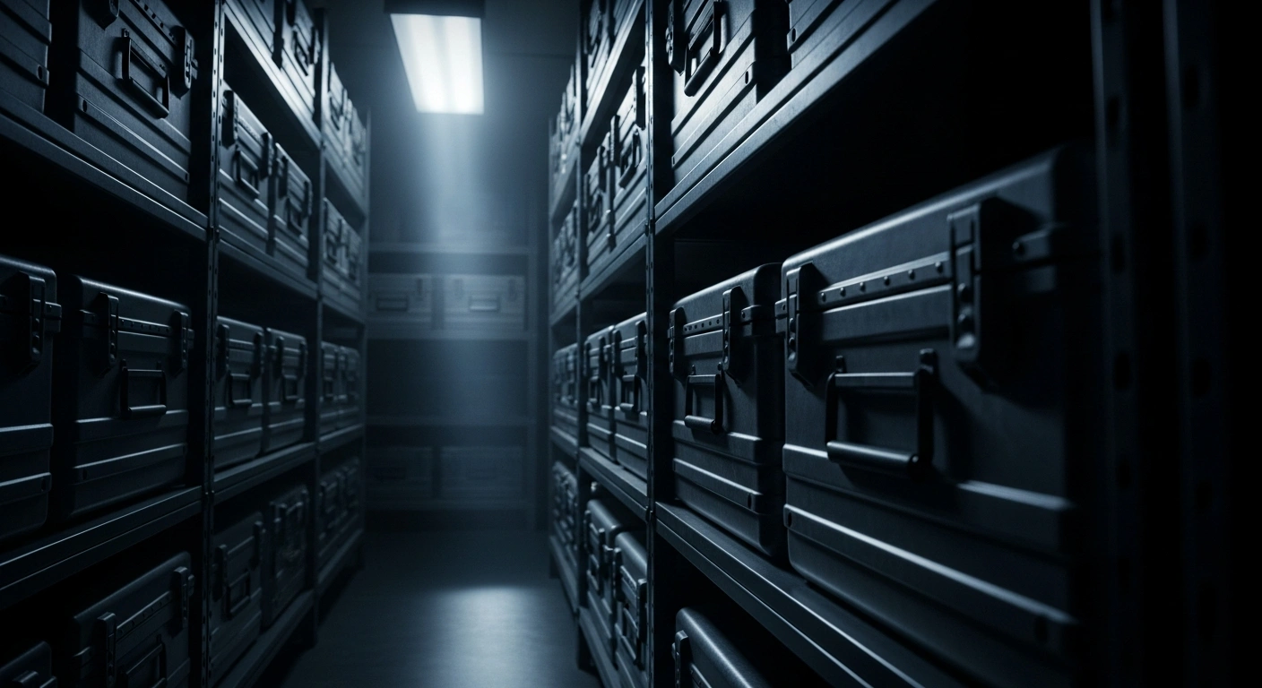 A federal evidence room contains secured storage crates holding 2020 election ballots seized from Fulton County, Georgia, as part of a Department of Justice investigation.