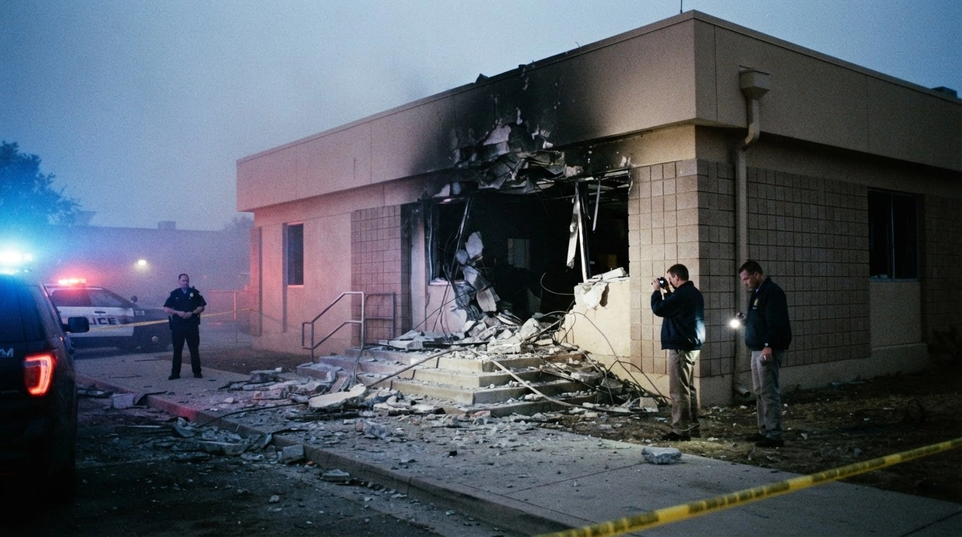The damaged exterior of the Funai office in São Jerônimo da Serra shows significant structural destruction following an explosive attack.