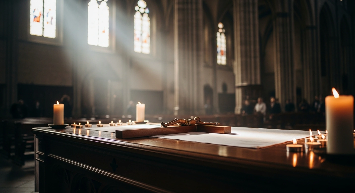 A solemn altar inside a Spanish cathedral prepared for the funeral service of priest Gregorio Martín Miguel.