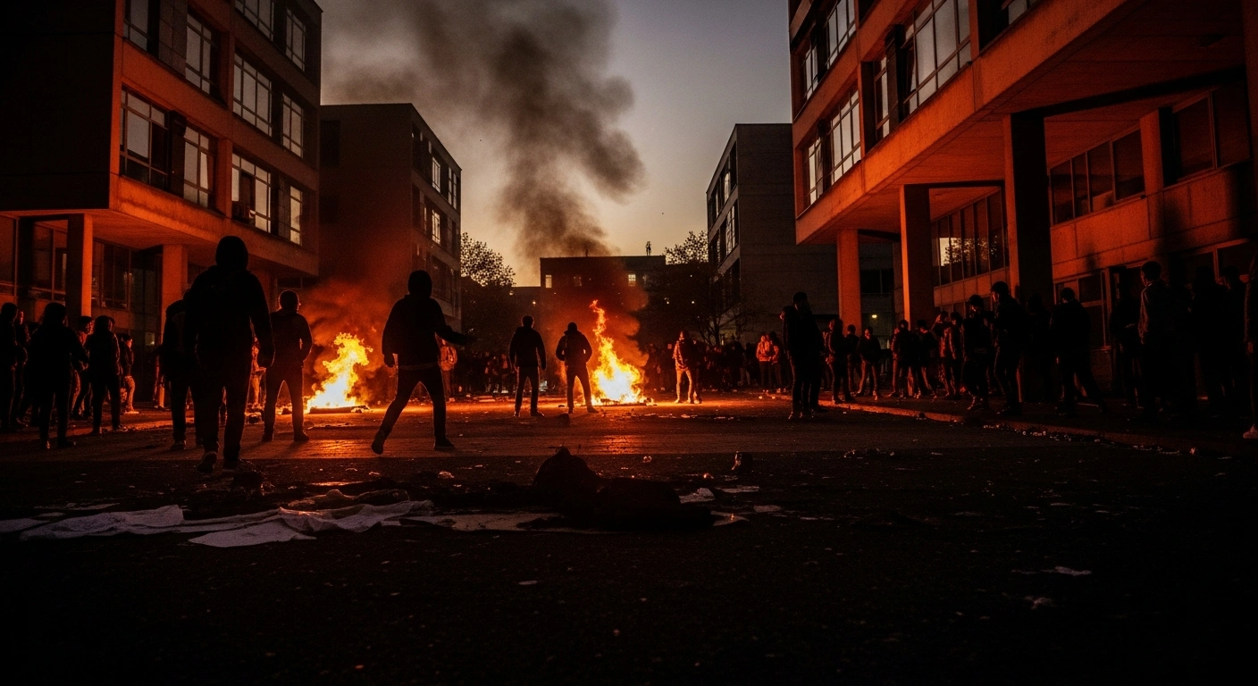 Students protest on the Federal University of Technology Owerri campus following the death of a student, resulting in damaged property.