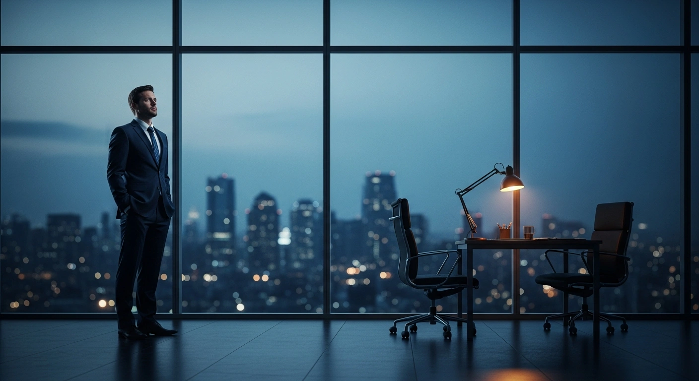 Futu Holdings founder Leaf Li stands in a dimly lit office as he faces a significant reduction in net worth due to new Chinese regulatory actions on offshore brokerage services.