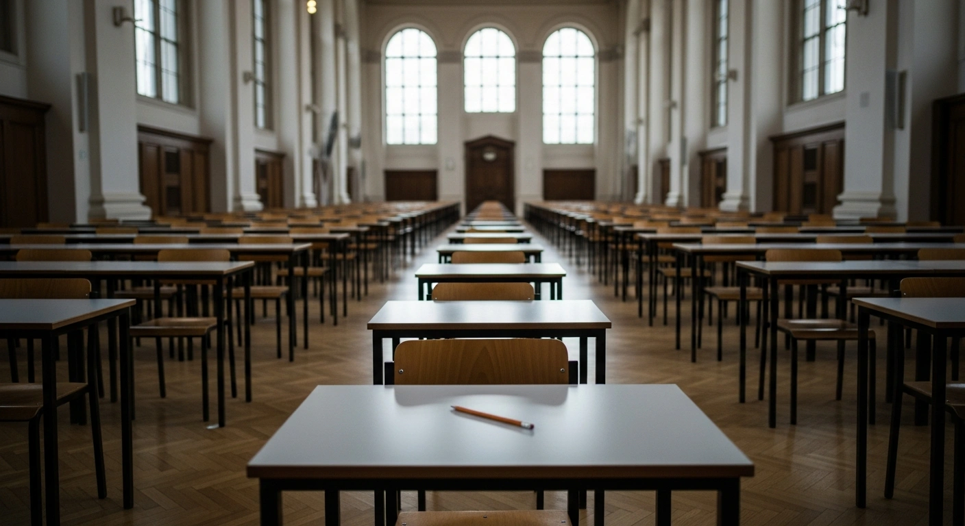 A wide shot of a large, empty university examination hall with rows of wooden desks under soft, natural light, symbolizing the Fuvest 2026 entrance examination and its 9.17% absenteeism rate among over 111,000 registered candidates for the University of São Paulo (USP).