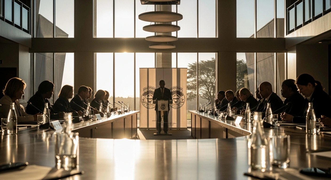A wide shot of a G20 Anti-Corruption Ministerial meeting in a modern conference hall in Skukuza, Mpumalanga, South Africa, showing delegates around a circular table, symbolizing collective efforts for public sector integrity, asset recovery, inclusive participation, and whistleblower protection.
