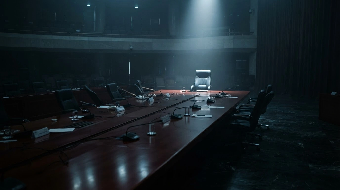 An empty conference table at a G20 finance ministers' meeting represents the diplomatic impasse caused by China blocking a joint communique.