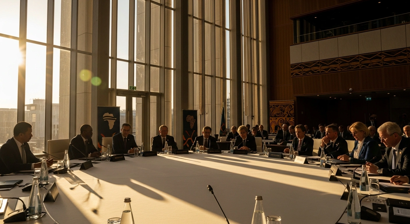 World leaders are seated around a grand conference table in a modern hall in Johannesburg, South Africa, during the G20 summit where they adopted a joint declaration addressing climate change, debt sustainability, and critical mineral supply chains, including a Russian delegation.
