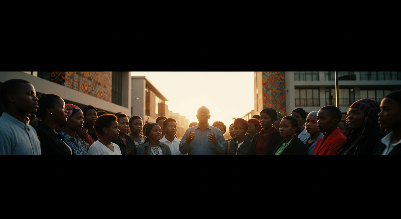 A diverse group of civil society representatives from the Global South are gathered in Ekurhuleni, South Africa, under warm lighting, symbolizing the G20 Social Summit's focus on solidarity, equality, sustainability, and Africa's development agenda.