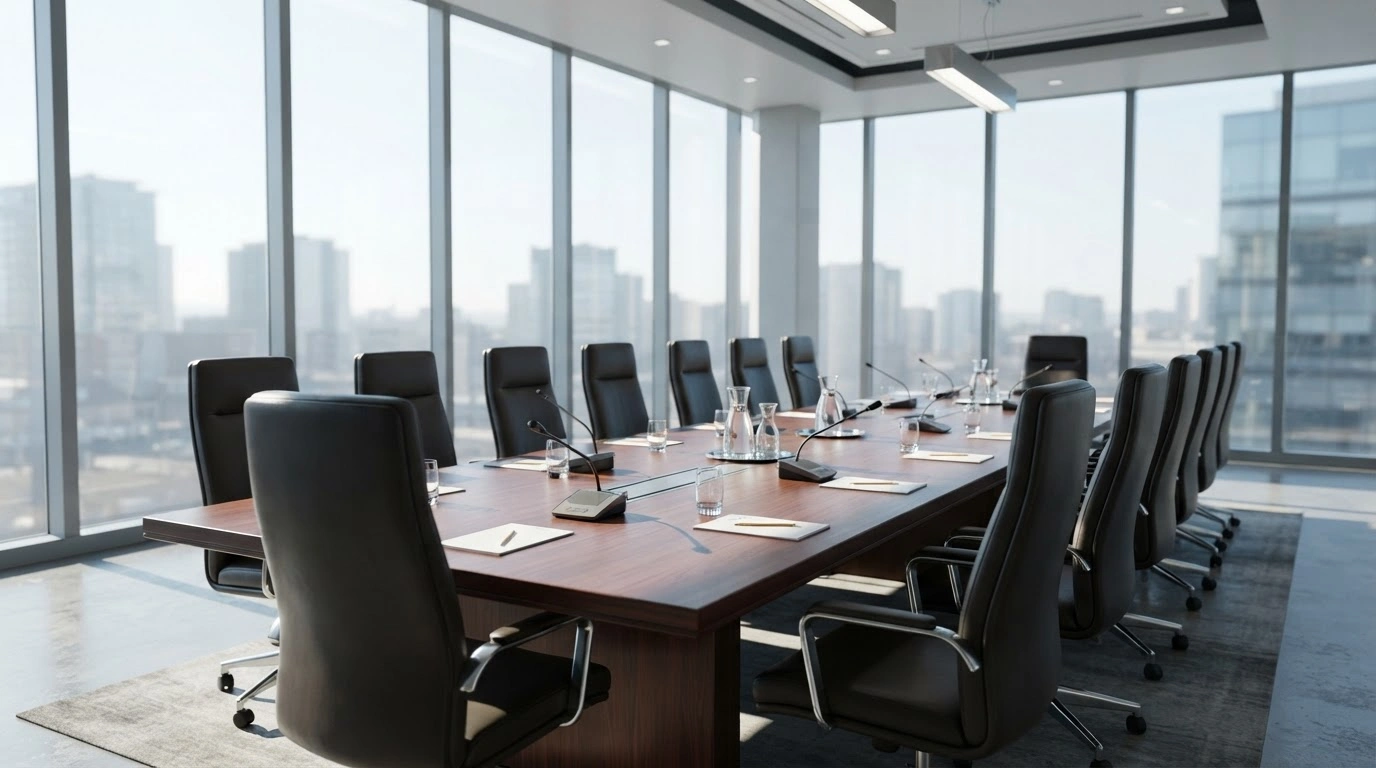 An empty, modern conference table in a bright, professional meeting room represents the lack of a G20 summit invitation for Vladimir Putin in Miami.