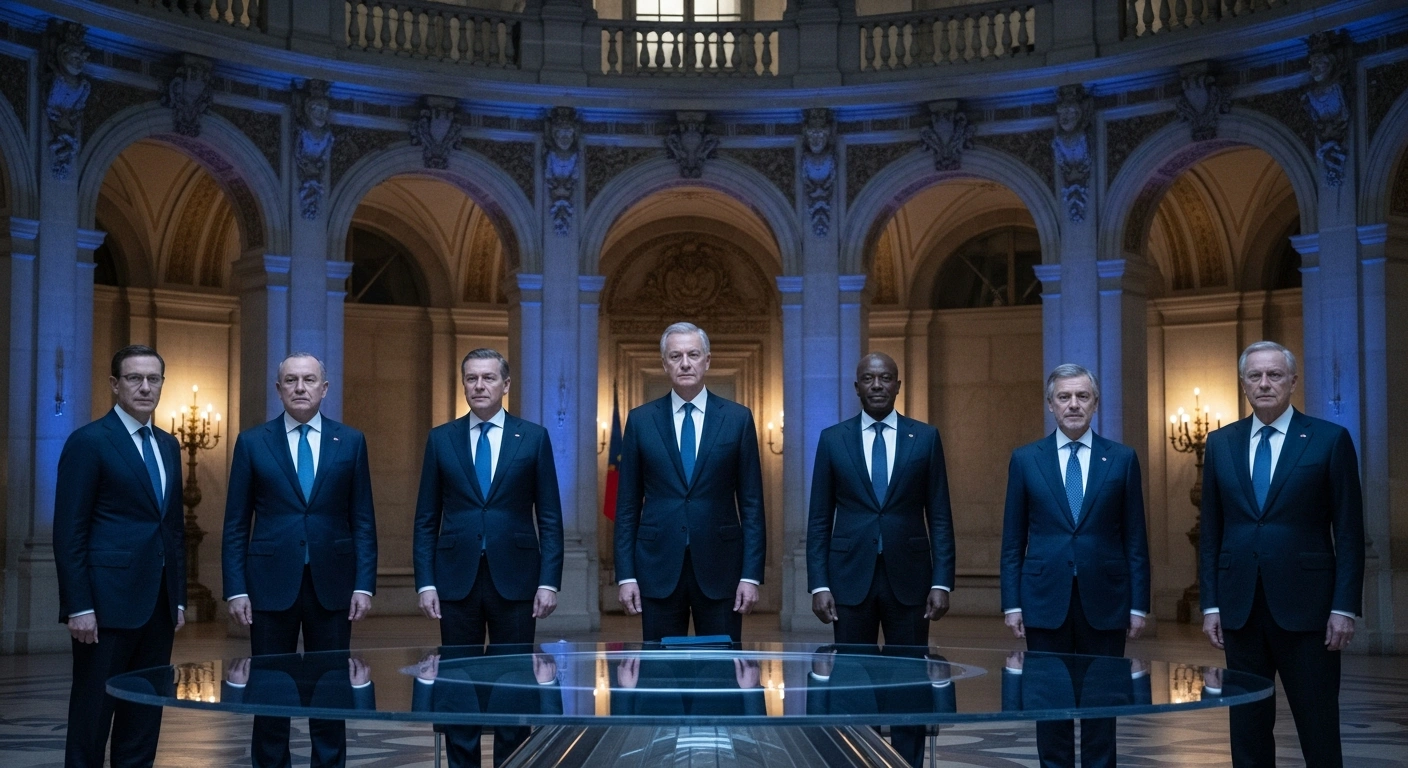 The leaders of the G7 nations gather in a formal meeting room in France to coordinate new economic sanctions against the Russian Federation.