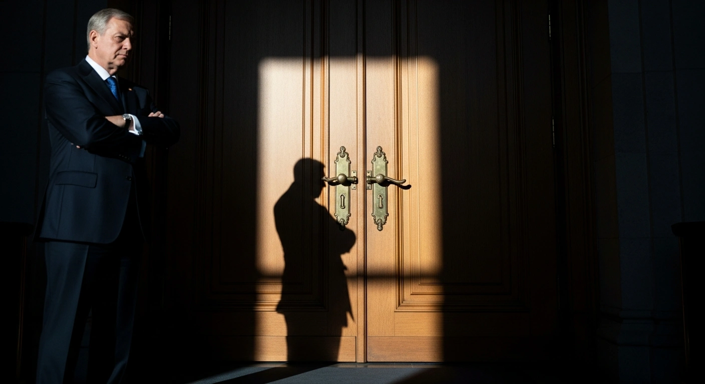 A stern statesman stands in the foreground, casting a long shadow towards a grand, firmly latched oak door, illuminated by a single beam of cool light, representing the G7's opposition to Russia's readmission to the G8, as announced by German Chancellor Friedrich Merz.