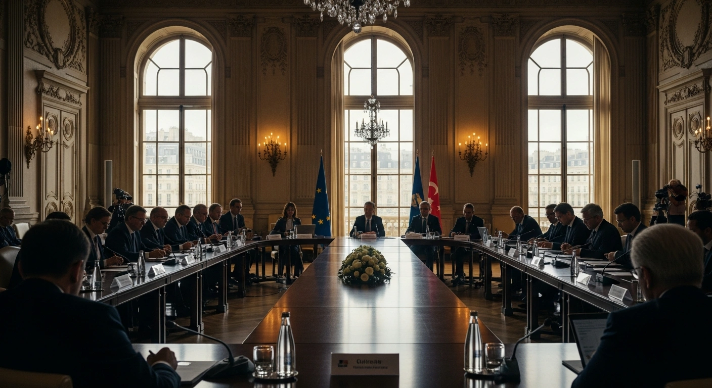 Finance and energy ministers from G7 nations gather in a Paris conference hall to discuss global economic and energy market stability.