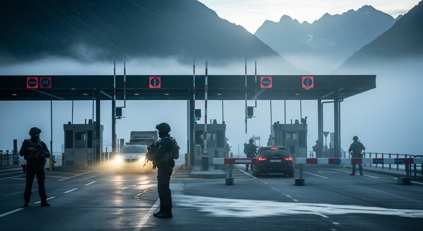 French and Swiss law enforcement officers conduct security checks on vehicles at a border crossing near Evian-les-Bains during the G7 summit.
