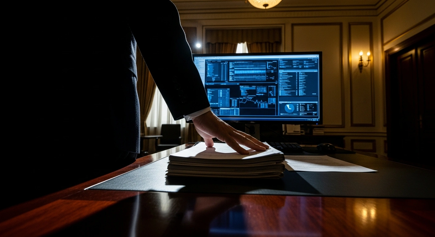 A lone, powerful figure, symbolizing Director of National Intelligence Tulsi Gabbard, stands in a dimly lit, opulent office, their hand hovering over official documents, representing the alleged obstruction of an NSA report concerning a foreign intelligence phone call.