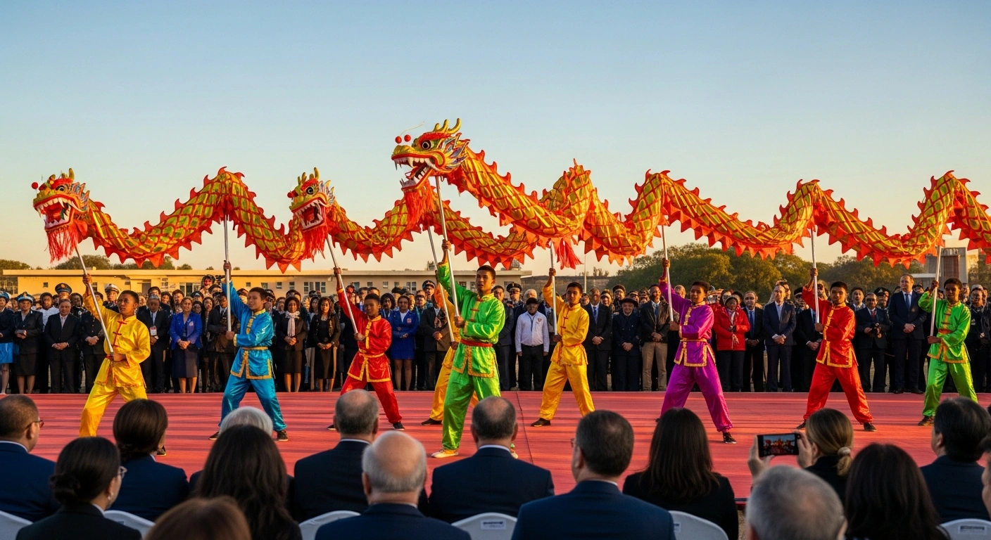 A vibrant outdoor scene in Gaborone, Botswana, shows young Botswanan and Chinese students performing a traditional dragon dance during a Chinese Spring Festival celebration in February 2026, fostering cultural exchange and strengthening bilateral relations.