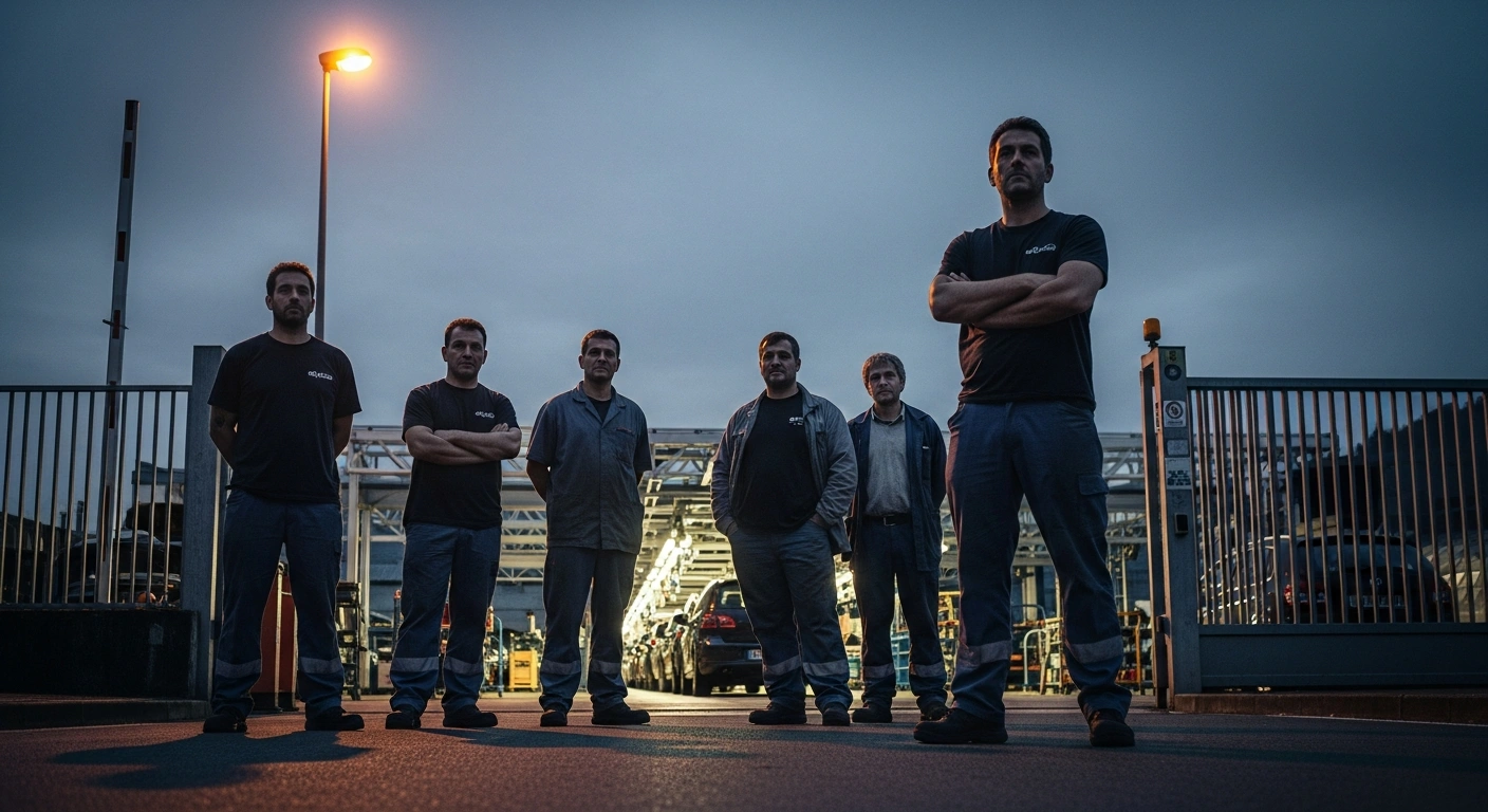 A group of former automotive sector employees stands outside a factory in Galicia, Spain, as they receive support from the European Globalisation Adjustment Fund.
