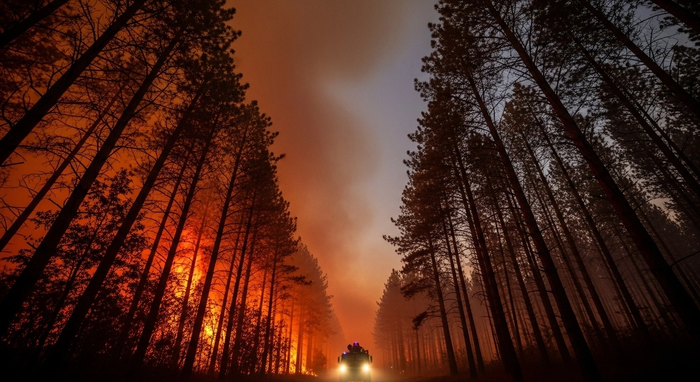 A devastating forest fire rages through a pine forest in Galicia, Spain, with towering flames and thick smoke, while a military vehicle is silhouetted in the distance, representing the ongoing intervention and evacuations due to the active blaze.