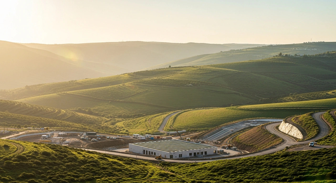 A scenic view of the Galilee region in Israel featuring modern infrastructure development projects set against rolling green hills during a sunset.