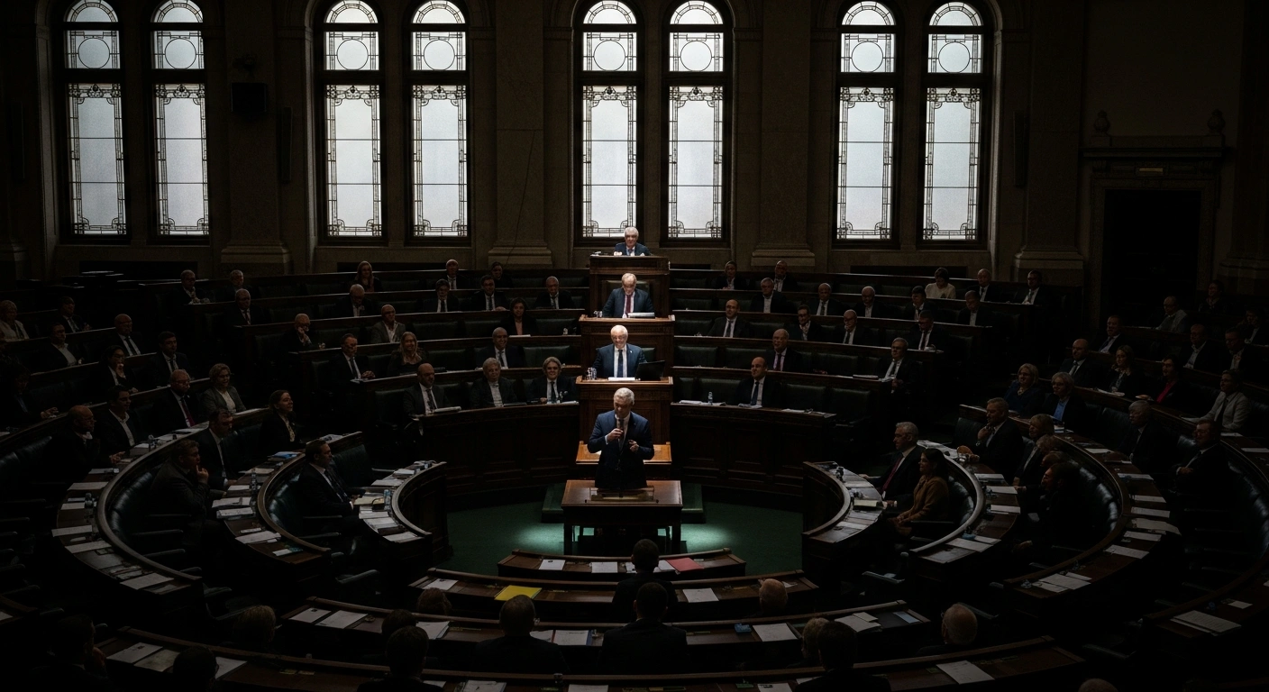 A dramatic, high-contrast image of a lawmaker passionately speaking at a podium in The Gambia's National Assembly chamber, surrounded by other representatives whose faces show a range of intense emotions, symbolizing the deep political divisions over former President Yahya Jammeh's legacy and national security concerns.