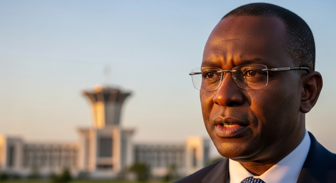 A medium close-up photograph of Gambian Agriculture Minister Demba Sabally, with a resolute expression, standing before a softly blurred image of the Gambian presidential palace at dusk, symbolizing his rejection of former President Yahya Jammeh's potential return without President Adama Barrow's authorization.