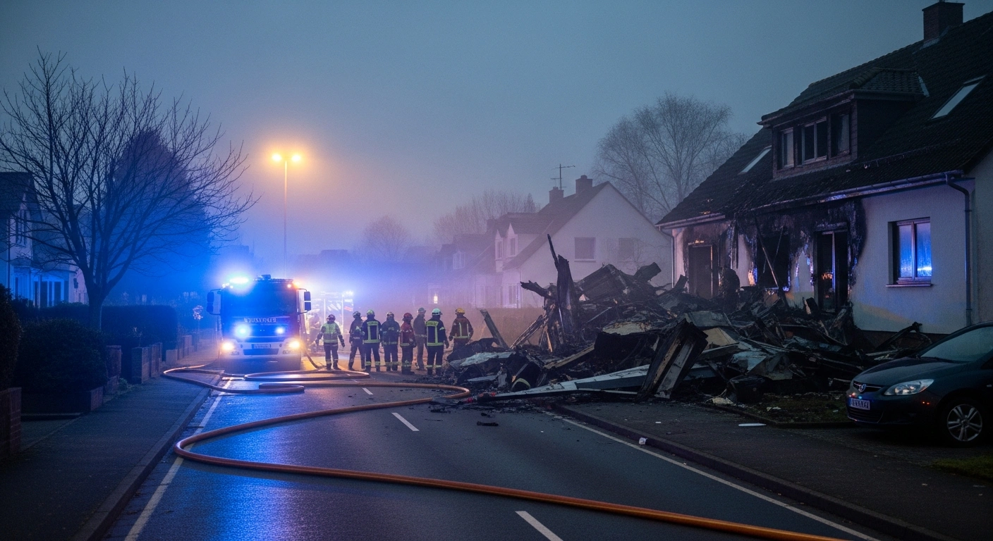 Emergency responders work at the site of a small plane crash that struck a residential building in Ganderkesee.