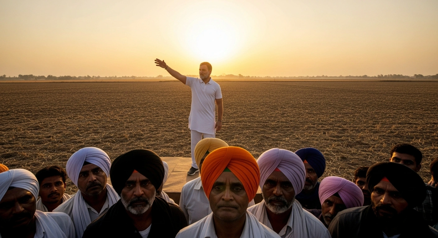 Congress leader Rahul Gandhi addresses a rally of Indian farmers in a parched field in Punjab during late afternoon, criticizing the India-U.S. trade deal and its potential impact on their livelihoods.