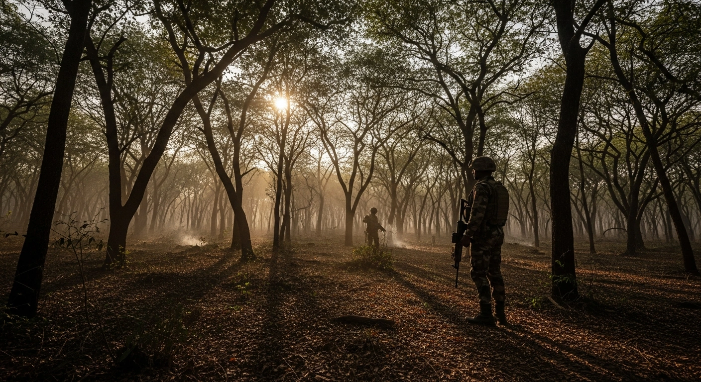 A lone, heavily armed security personnel stands vigilant in the rugged, sun-drenched forest terrain of Odisha, surveying the aftermath of an encounter where Ganesh Uike, a prominent CPI (Maoist) leader, was killed by security forces in Kandhamal district.
