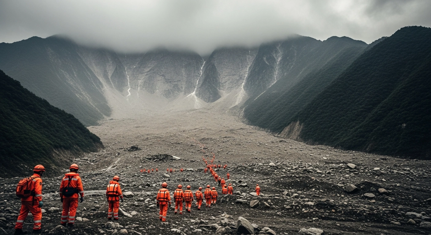 Emergency rescue teams search for trapped individuals following a major landslide in Gansu province, China.
