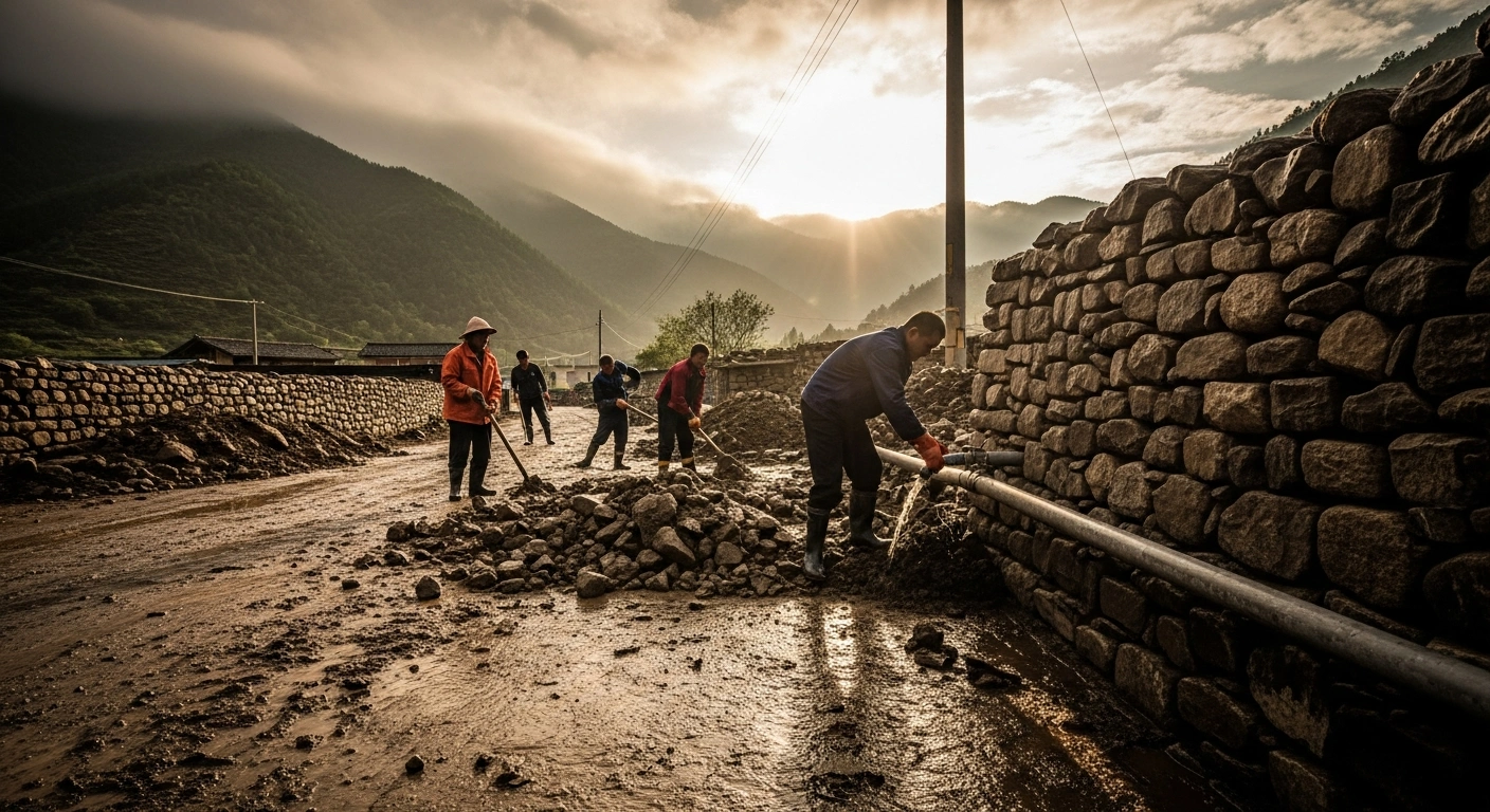 Villagers in China's Gansu Province work together to clear debris and restore water infrastructure following heavy rainfall damage.