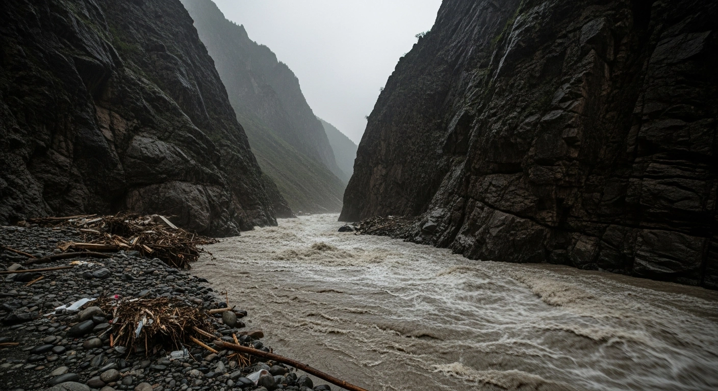 A powerful flash flood rushes through the rocky terrain of the Shuangshimen Scenic Area in Gansu province following heavy rainfall.